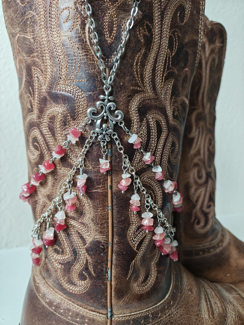 OOAK Handmade Silver Rose Cherry Quartz Boot Jewelry Boot Bracelet Boot Chain